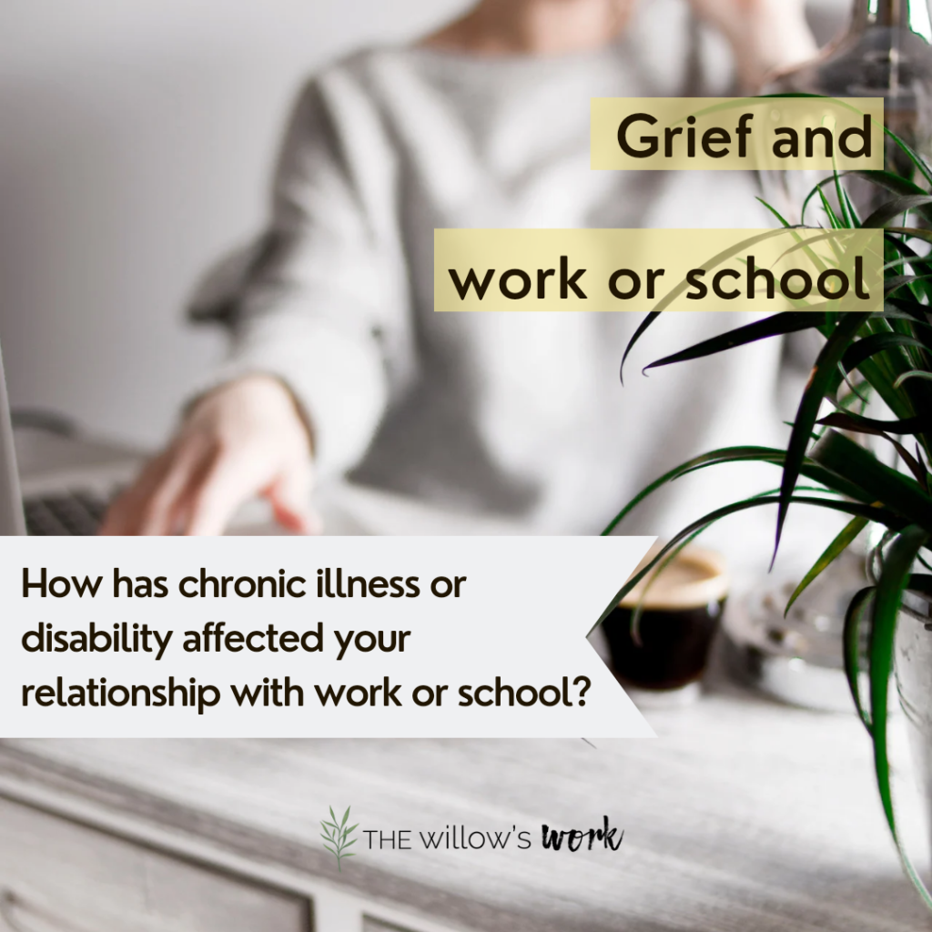 ID: A blurred out photo of someone’s hand reaching for a laptop. Yellow blocks with black text read, “Grief and work or school” and text over a white banner reads, “How has chronic illness or disability affected your relationship with work or school?” ⁣